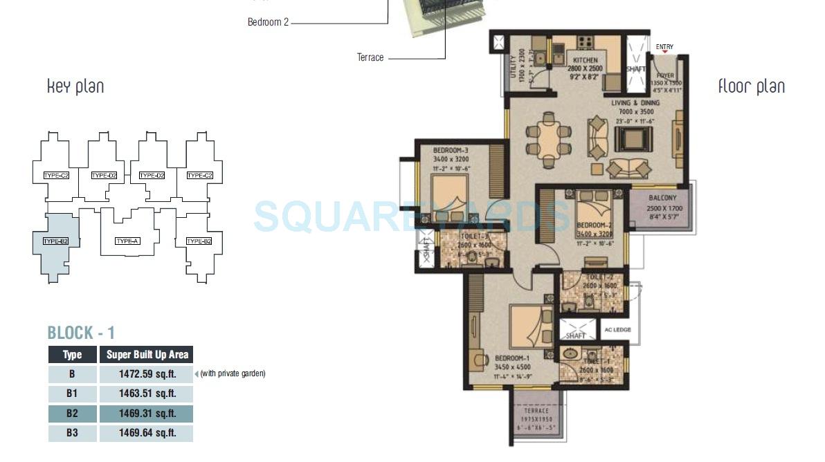 Floor plan of 3 BHK 1472 Sq. Ft. Apartment in Sobha Ivory Pune, Pune
