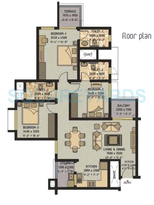 Floor plan of 3 BHK 1512 Sq. Ft. Apartment in Sobha Ivory Pune, Pune