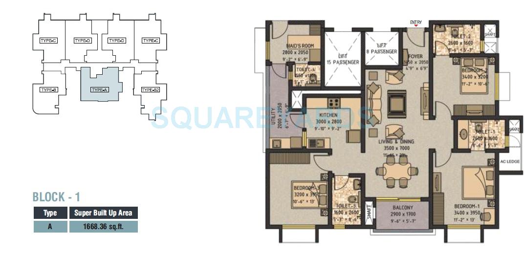 Floor plan of 3 BHK 1668 Sq. Ft. Apartment in Sobha Ivory Pune, Pune