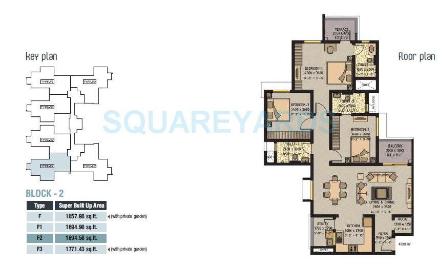Floor plan of 3 BHK 1694 Sq. Ft. Apartment in Sobha Ivory Pune, Pune
