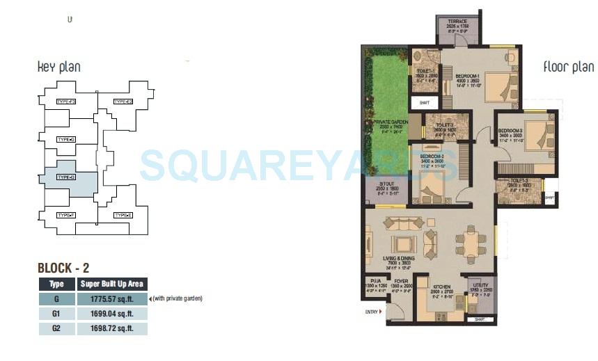 Floor plan of 3 BHK 1775 Sq. Ft. Apartment in Sobha Ivory Pune, Pune
