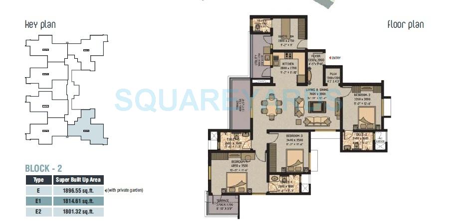 Floor plan of 3 BHK 1814 Sq. Ft. Apartment in Sobha Ivory Pune, Pune