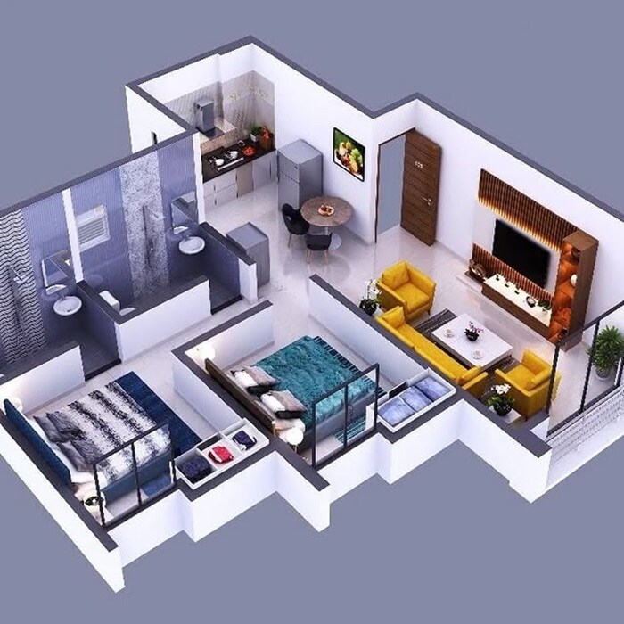 Floor plan of 2 BHK 593 Sq. Ft. Apartment in Soham Rayat Residency, Pune