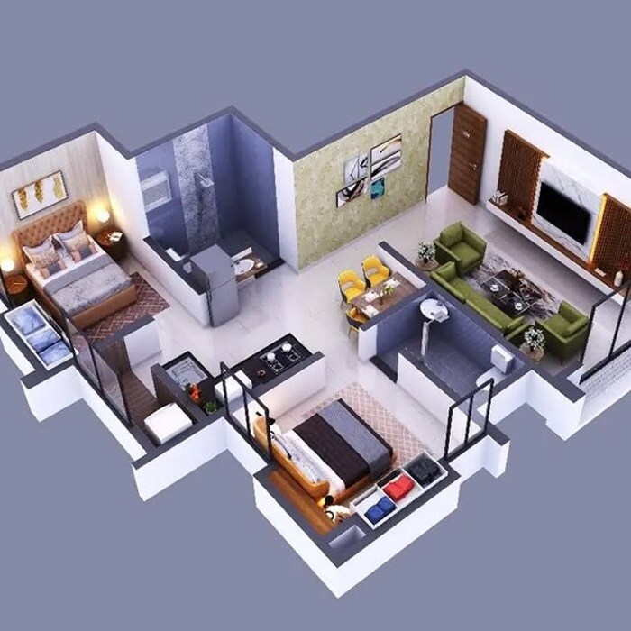 Floor plan of 2 BHK 640 Sq. Ft. Apartment in Soham Rayat Residency, Pune