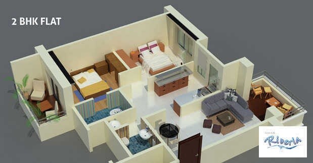 Floor plan of 2 BHK 571 Sq. Ft. Apartment in Soham Riveria, Pune