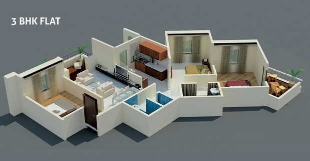 Floor plan of 3 BHK 702 Sq. Ft. Apartment in Soham Riveria, Pune