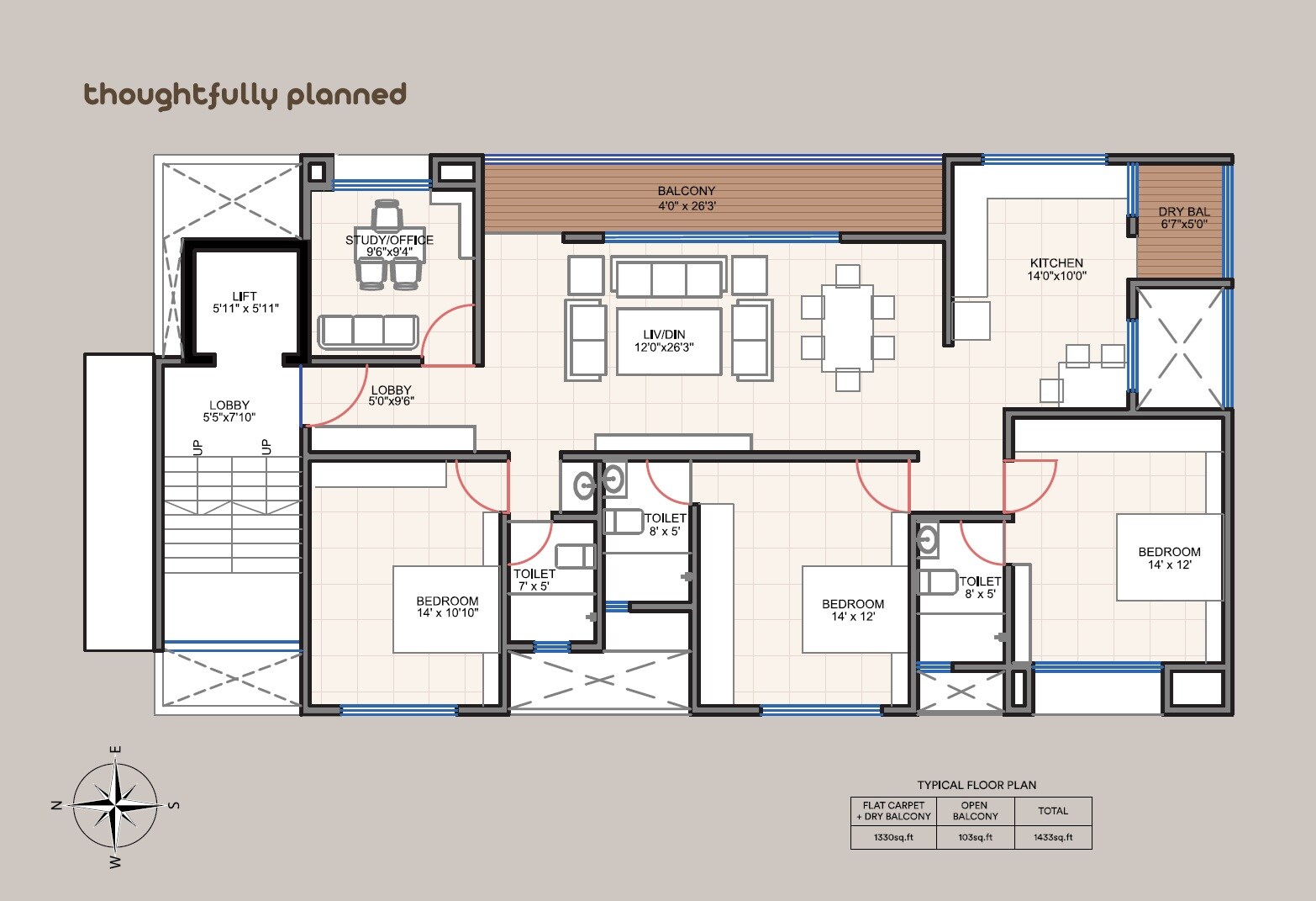 Floor plan of 3 BHK 1433 Sq. Ft. Apartment in Soil Air, Pune