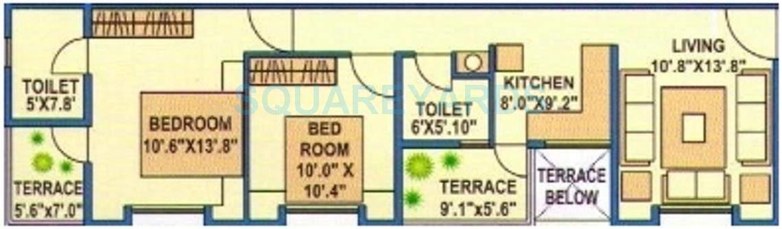Floor plan of 2 BHK 808 Sq. Ft. Apartment in Solitaire Paradise, Pune