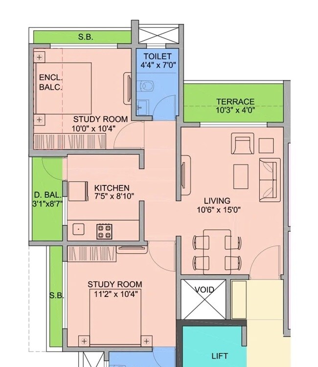 Floor plan of 2 BHK 718 Sq. Ft. Apartment in Somani Dream Home, Pune