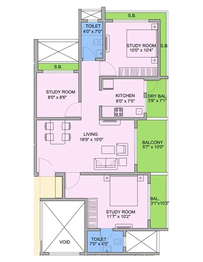 Floor plan of 3 BHK 912 Sq. Ft. Apartment in Somani Dream Home, Pune