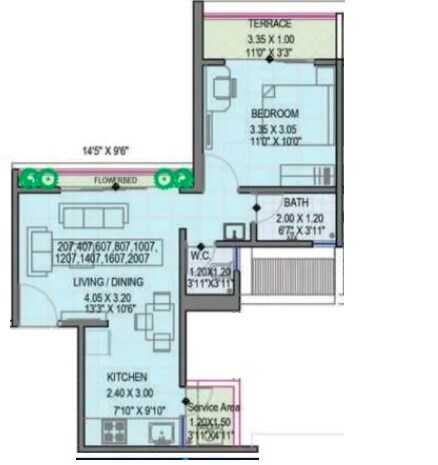 Floor plan of 1 BHK 482 Sq. Ft. Apartment in Somani Towers, Pune
