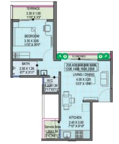 Floor plan of 1 BHK 580 Sq. Ft. Apartment in Somani Towers, Pune