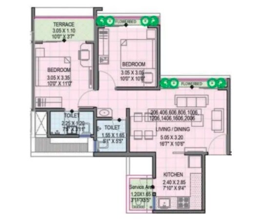 Floor plan of 2 BHK 689 Sq. Ft. Apartment in Somani Towers, Pune