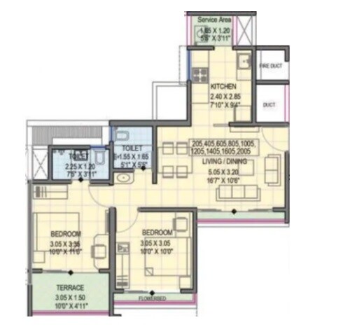 Floor plan of 2 BHK 762 Sq. Ft. Apartment in Somani Towers, Pune