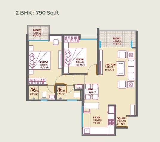 Floor plan of 2 BHK 790 Sq. Ft. Apartment in Sonai Clara, Pune