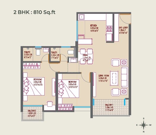 Floor plan of 2 BHK 810 Sq. Ft. Apartment in Sonai Clara, Pune