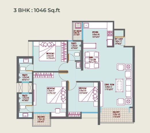 Floor plan of 3 BHK 1046 Sq. Ft. Apartment in Sonai Clara, Pune