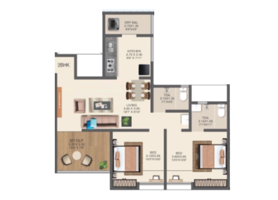 2 BHK 718 Sq. Ft. Apartment