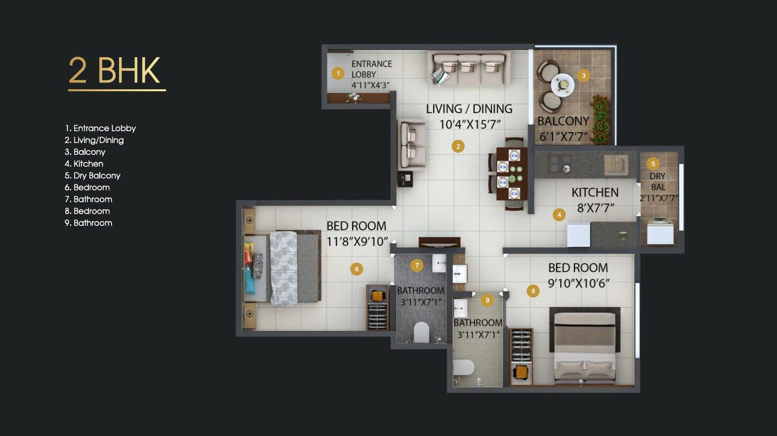 Floor plan of 2 BHK 694 Sq. Ft. Apartment in Sonigara Dwaarka World, Pune