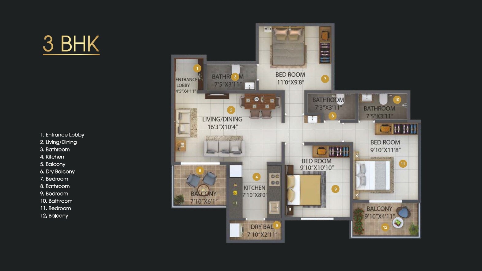Floor plan of 3 BHK 897 Sq. Ft. Apartment in Sonigara Dwaarka World, Pune