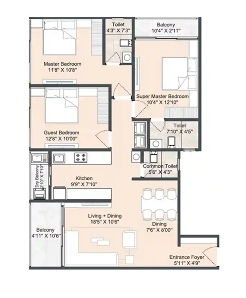 Floor plan of 3 BHK 1070 Sq. Ft. Apartment in Sonigara Ekam, Pune