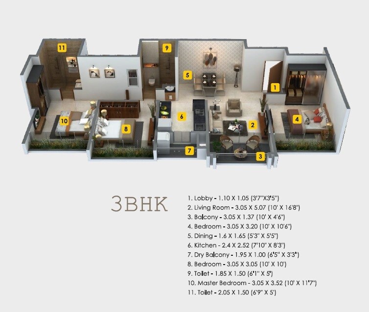 Floor plan of 3 BHK 857 Sq. Ft. Apartment in Sonigara Estilo, Pune