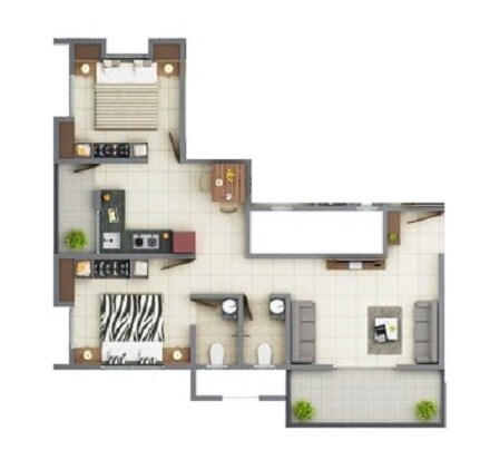 Floor plan of 2 BHK 677 Sq. Ft. Apartment in Sonigara Melody, Pune