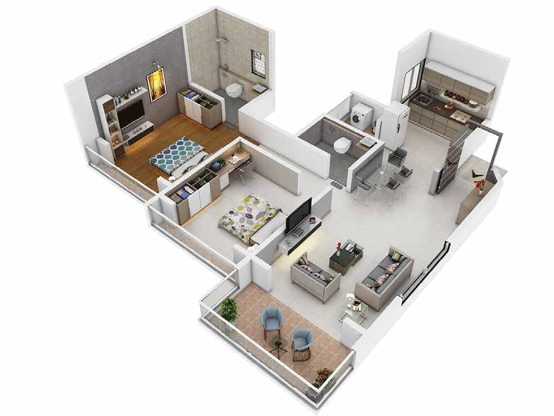 Floor plan of 2 BHK 842 Sq. Ft. Apartment in Sonigara Omega Paradise, Pune