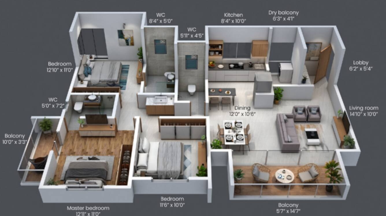 Floor plan of 3 BHK 1014 Sq. Ft. Apartment in Sonigara Omega Paradise, Pune
