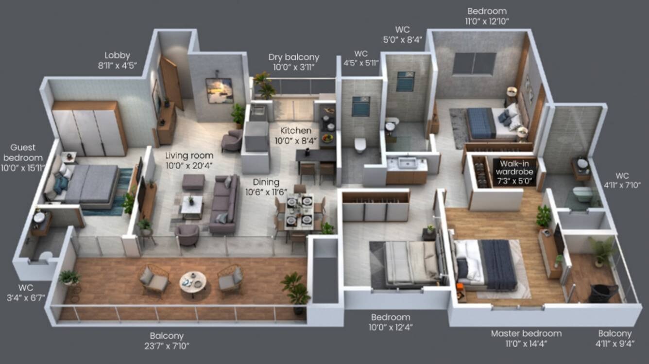 Floor plan of 4 BHK 1312 Sq. Ft. Apartment in Sonigara Omega Paradise, Pune