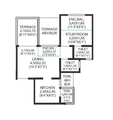 Floor plan of 1 BHK 482 Sq. Ft. Apartment in Sonigara Presidency, Pune