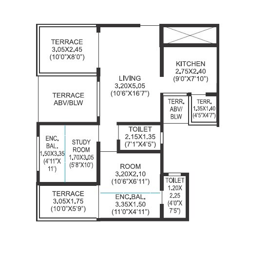 Floor plan of 2 BHK 721 Sq. Ft. Apartment in Sonigara Presidency, Pune