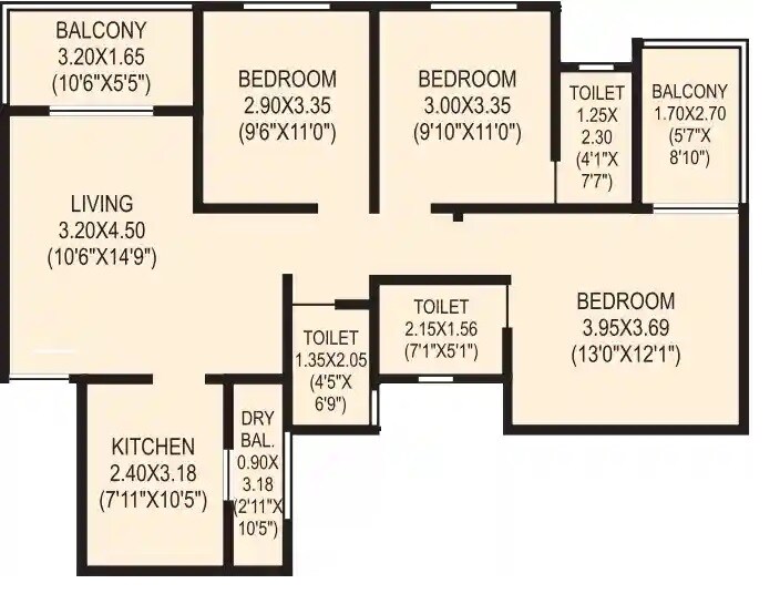 Floor plan of 3 BHK 973 Sq. Ft. Apartment in Sonigara Presidency, Pune
