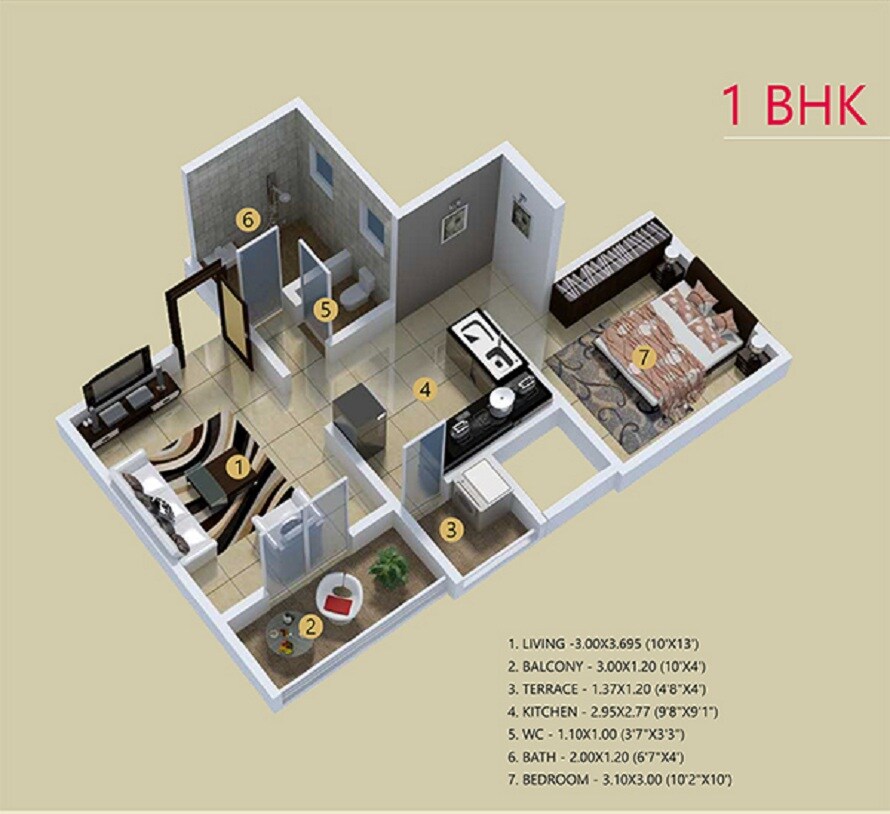 Floor plan of 1 BHK 382 Sq. Ft. Apartment in Sonigara Rosalia, Pune