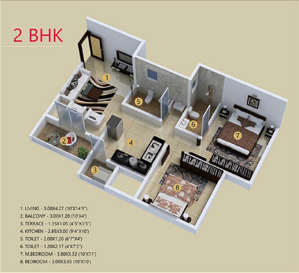 Floor plan of 2 BHK 512 Sq. Ft. Apartment in Sonigara Rosalia, Pune