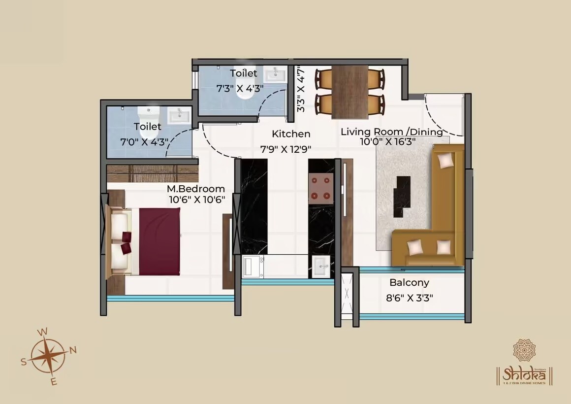 Floor plan of 1 BHK 469 Sq. Ft. Apartment in Sonigara Shloka, Pune