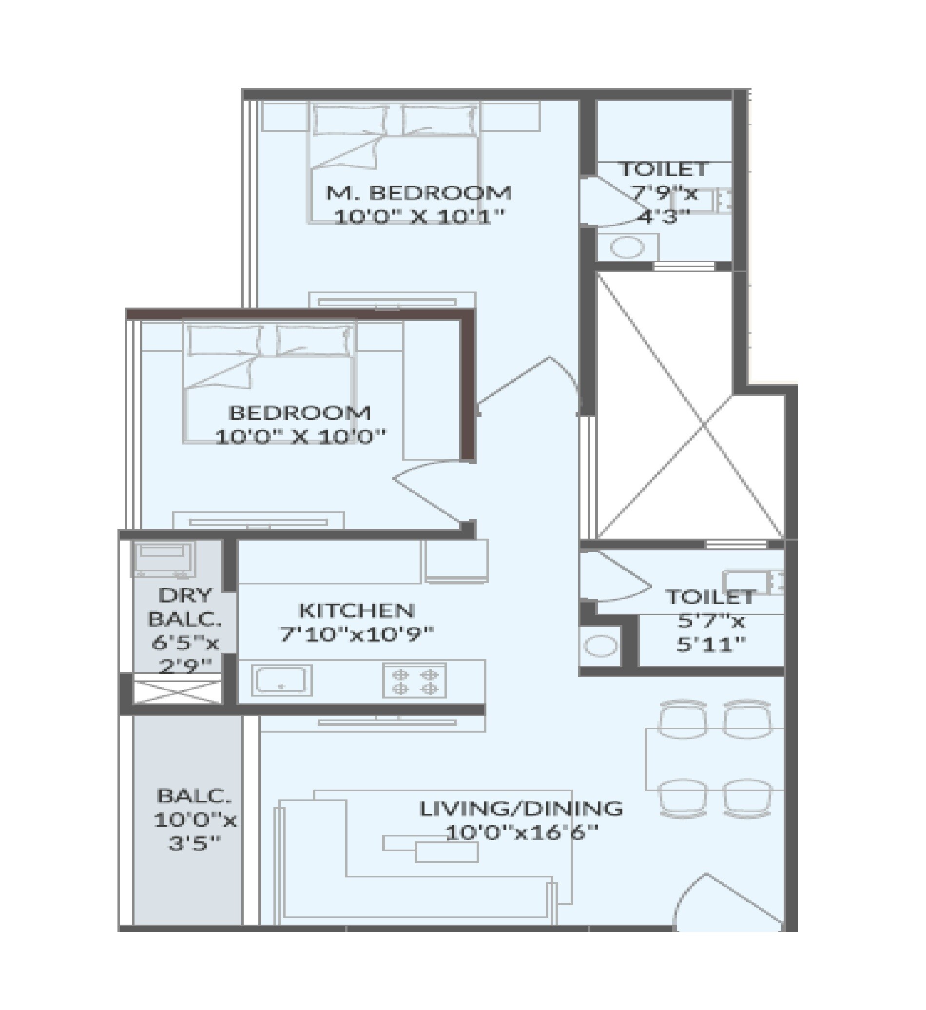 Floor plan of 2 BHK 655 Sq. Ft. Apartment in Sonigara Sunview, Pune