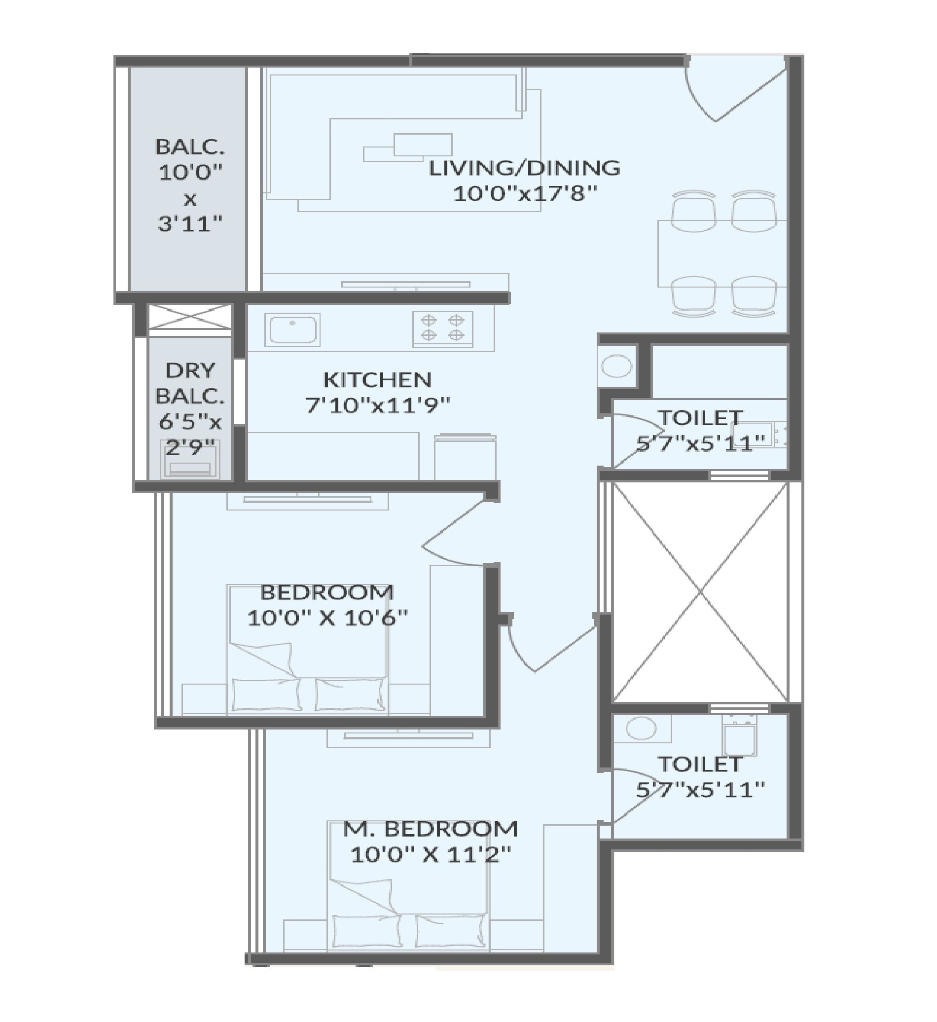 Floor plan of 2 BHK 695 Sq. Ft. Apartment in Sonigara Sunview, Pune