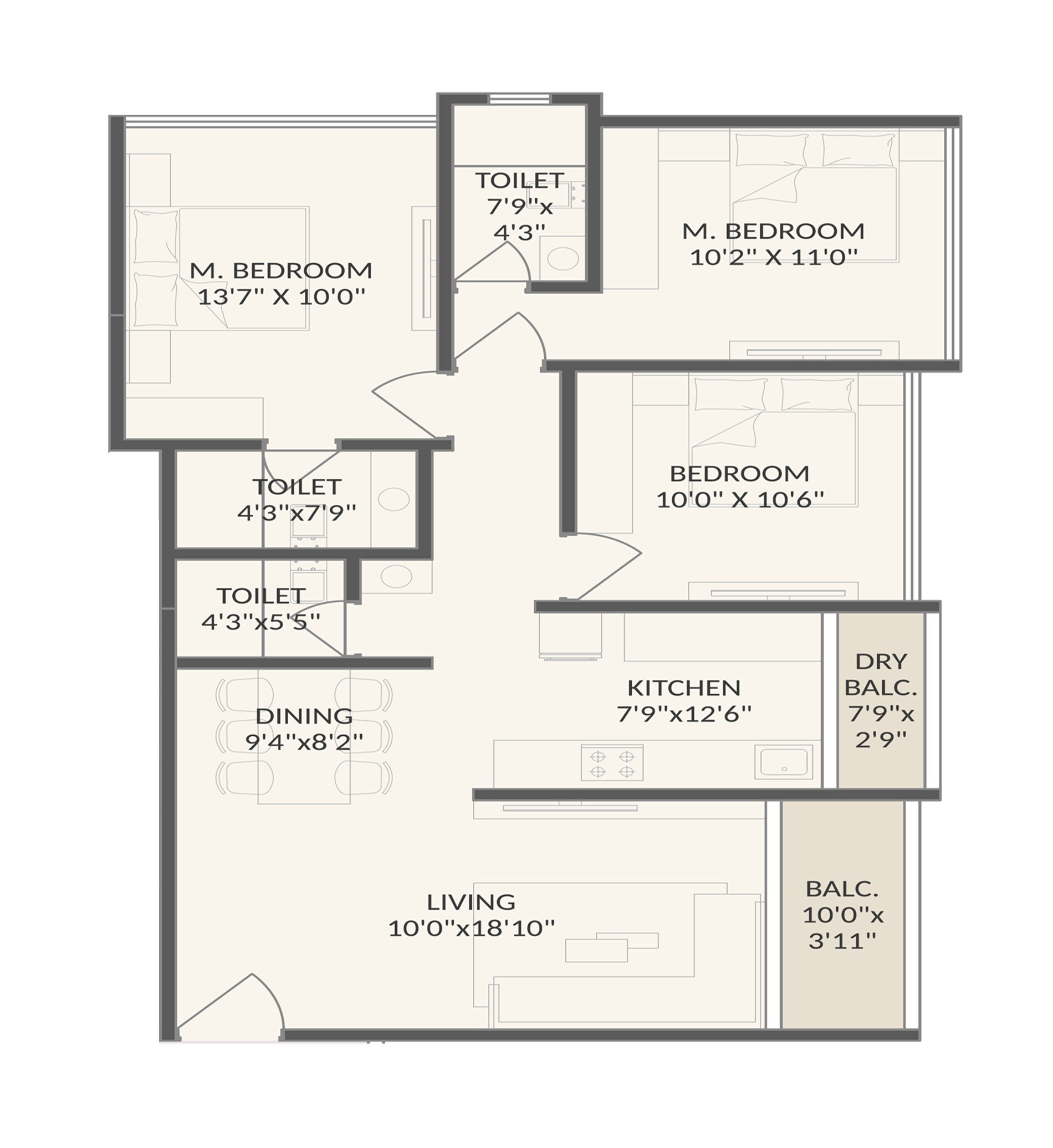 Floor plan of 3 BHK 963 Sq. Ft. Apartment in Sonigara Sunview, Pune