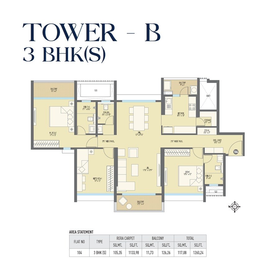 Floor plan of 3 BHK 1260 Sq. Ft. Apartment in Sonigara The Mark, Pune