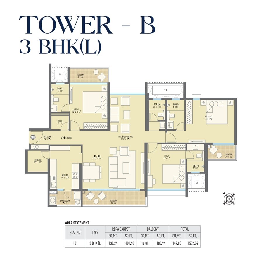 Floor plan of 3 BHK 1583 Sq. Ft. Apartment in Sonigara The Mark, Pune