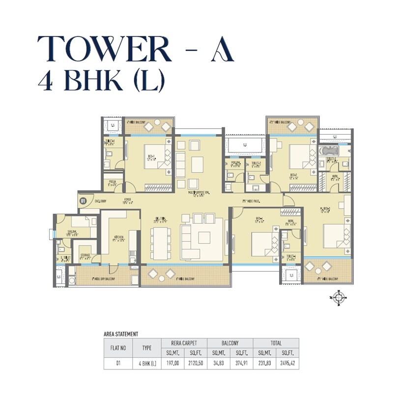 Floor plan of 4 BHK 2495 Sq. Ft. Apartment in Sonigara The Mark, Pune