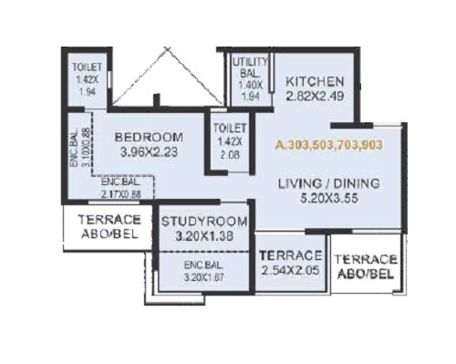 Floor plan of 2 BHK 608 Sq. Ft. Apartment in Sonigara Twin Towers, Pune