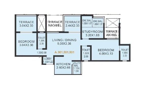 Floor plan of 3 BHK 795 Sq. Ft. Apartment in Sonigara Twin Towers, Pune