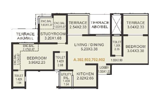 Floor plan of 3 BHK 803 Sq. Ft. Apartment in Sonigara Twin Towers, Pune