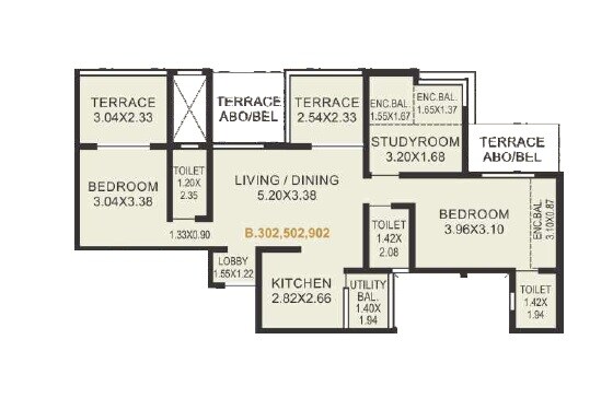 Floor plan of 3 BHK 853 Sq. Ft. Apartment in Sonigara Twin Towers, Pune