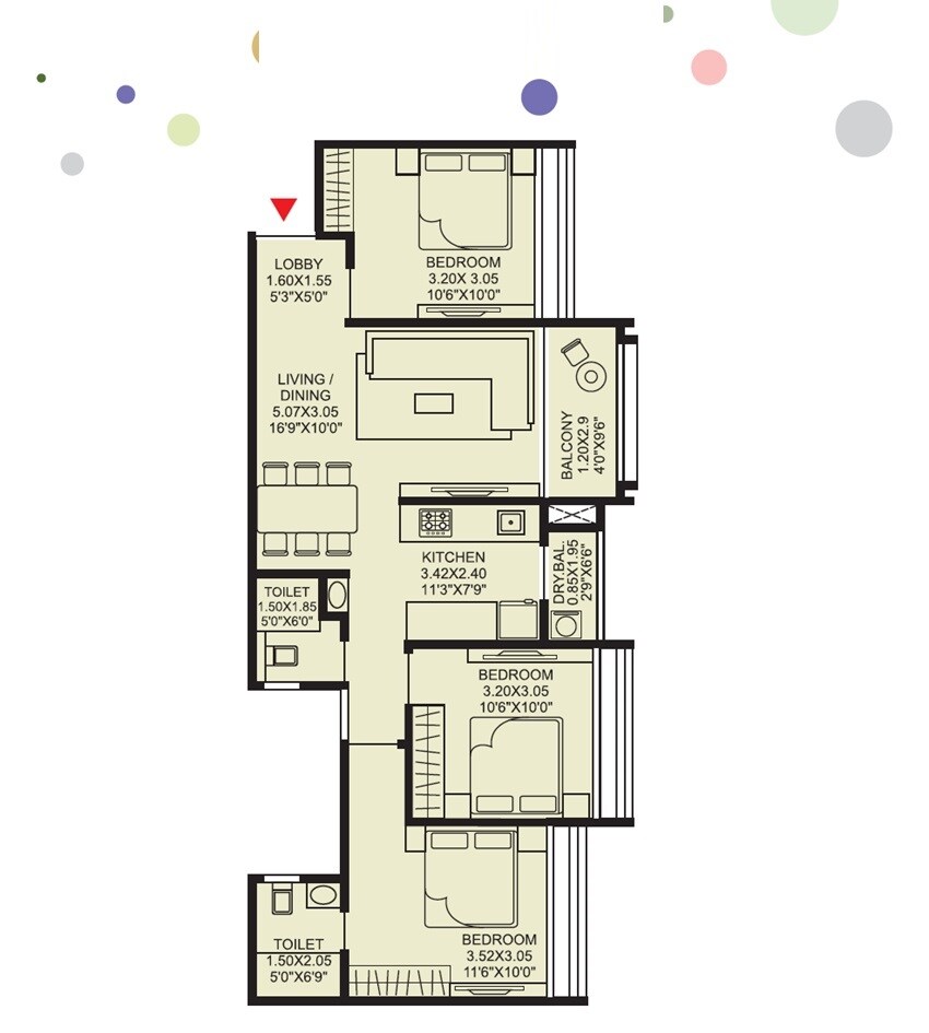 Floor plan of 3 BHK 831 Sq. Ft. Apartment in Sonigara Westmont, Pune