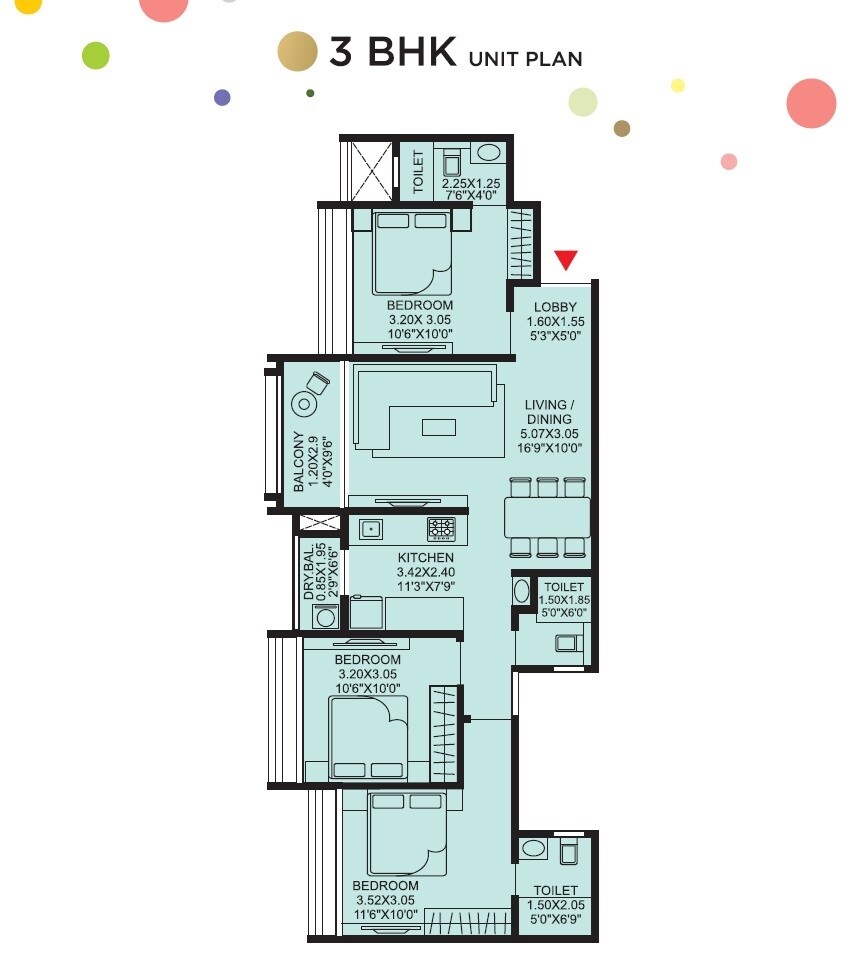 Floor plan of 3 BHK 855 Sq. Ft. Apartment in Sonigara Westmont, Pune