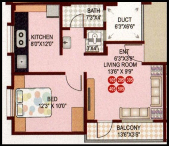 Floor plan of 1 BHK 414 Sq. Ft. Apartment in SP Platinum Towers, Pune