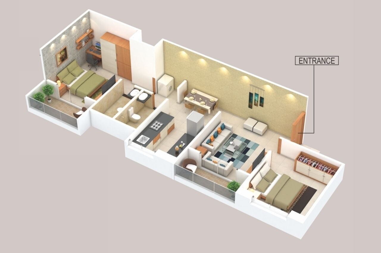 Floor plan of 2 BHK 705 Sq. Ft. Apartment in Space 64 Meridien, Pune